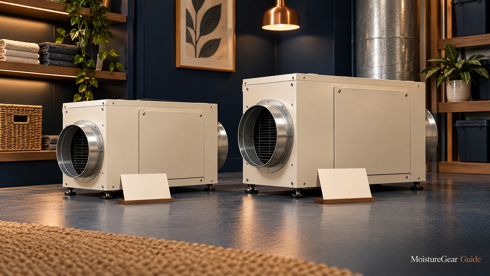 Two generic ductable dehumidification cabinets on a comparison display.