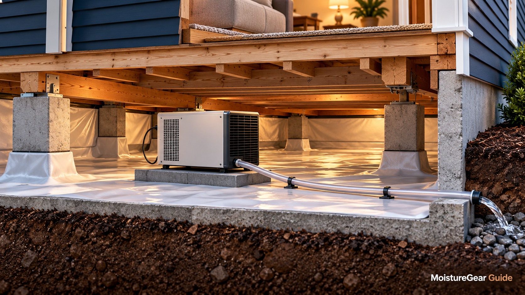 Editorial cutaway of an enclosed crawl space with a dehumidifier and gravity drain.
