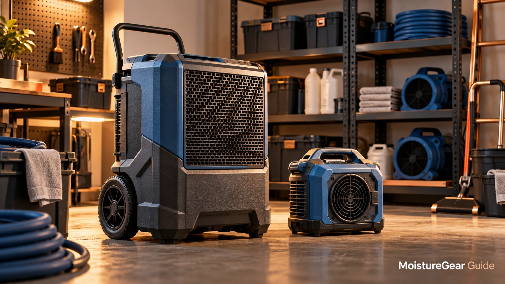 Professional dehumidification and air-moving equipment in an organized storage room.