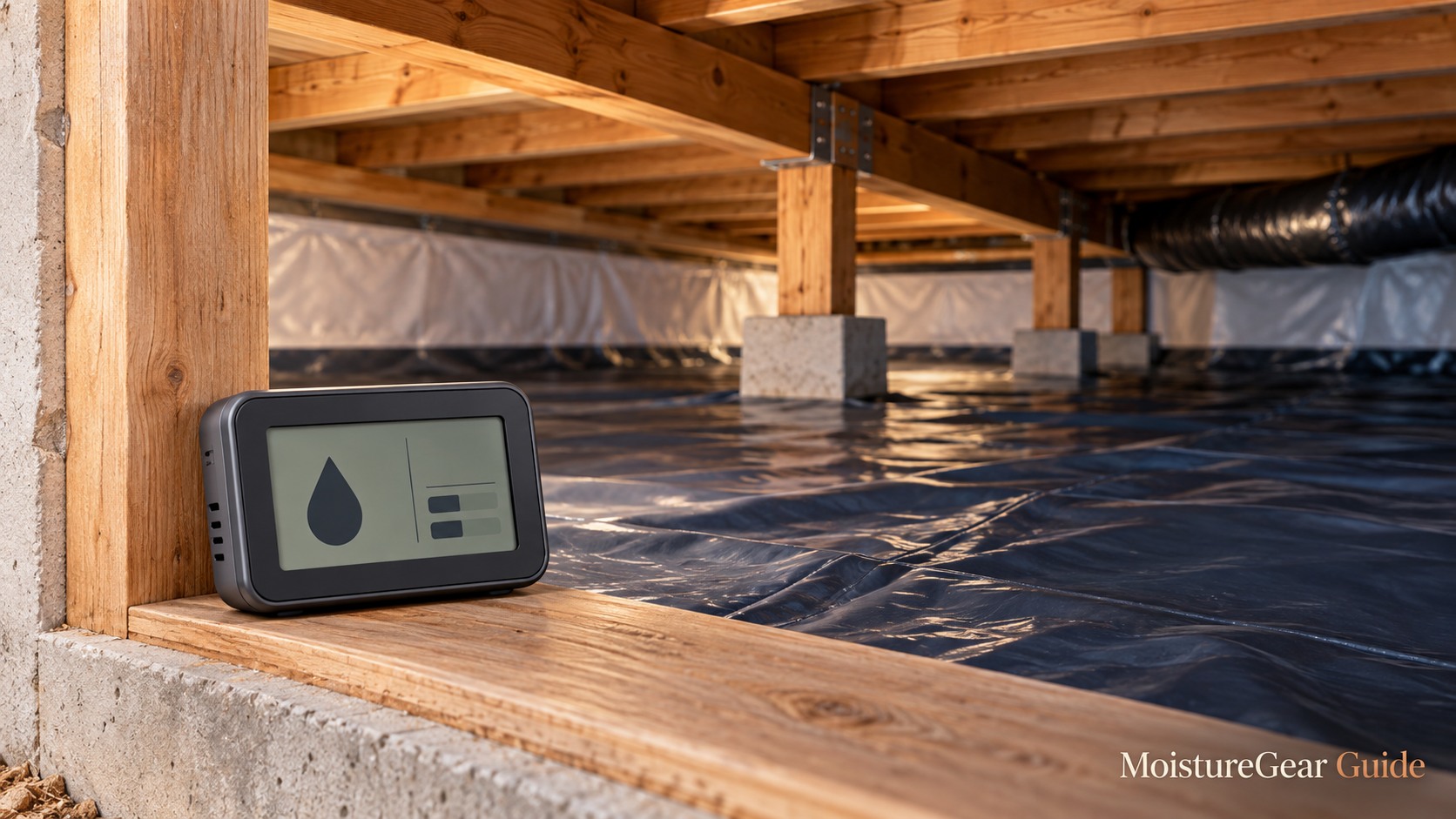 Humidity monitor on an access ledge overlooking a sealed crawl space.