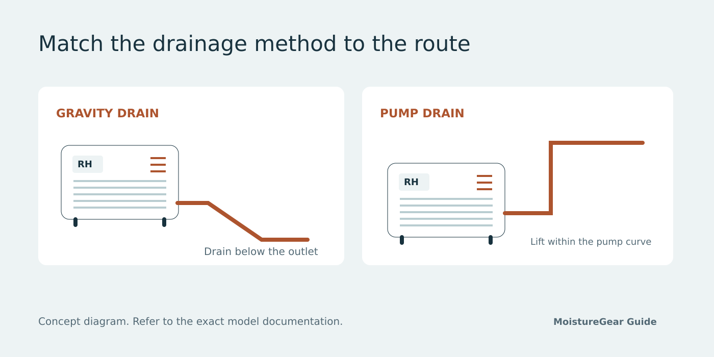 A conceptual comparison of gravity and pump drainage. Follow the matching manual for the actual drain route.