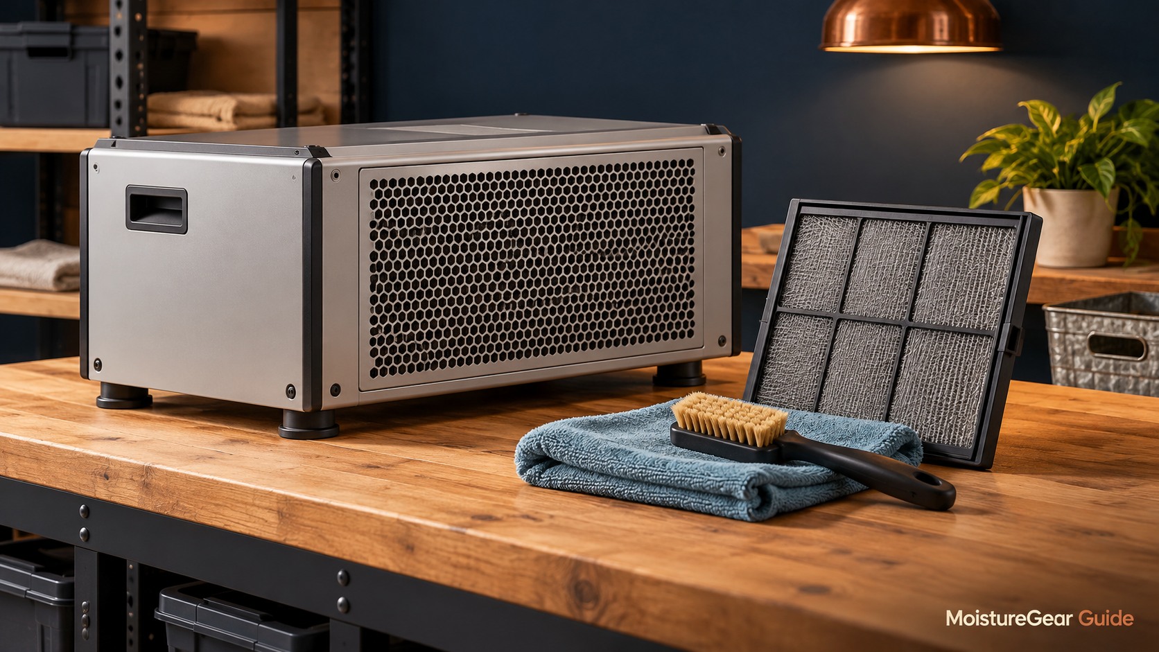 Dehumidifier, removable filter, brush, and cloth arranged for routine maintenance.