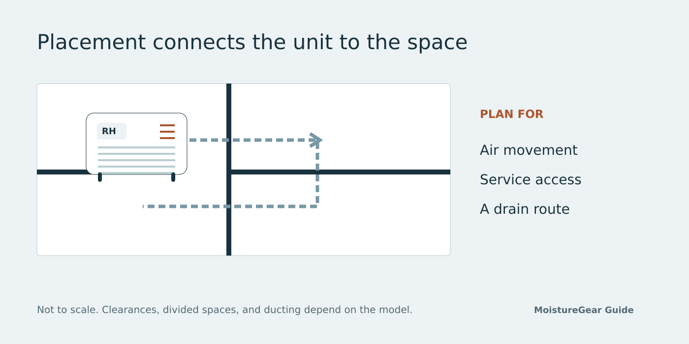 A conceptual placement plan, not an installation drawing. Airflow, access, and drainage all affect the location.