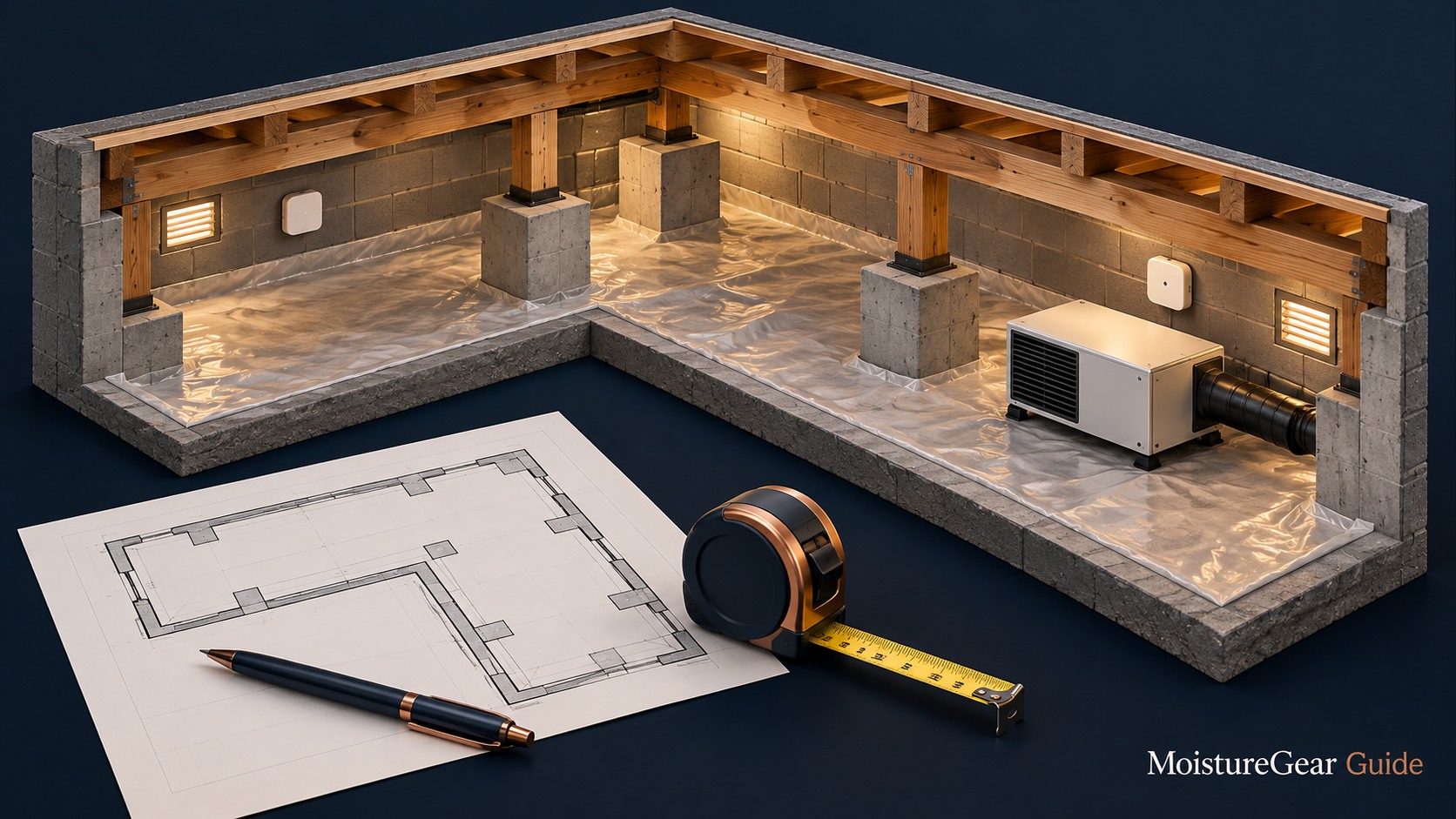 Crawl-space cutaway with equipment, monitoring sensors, floor plans, and measuring tape.