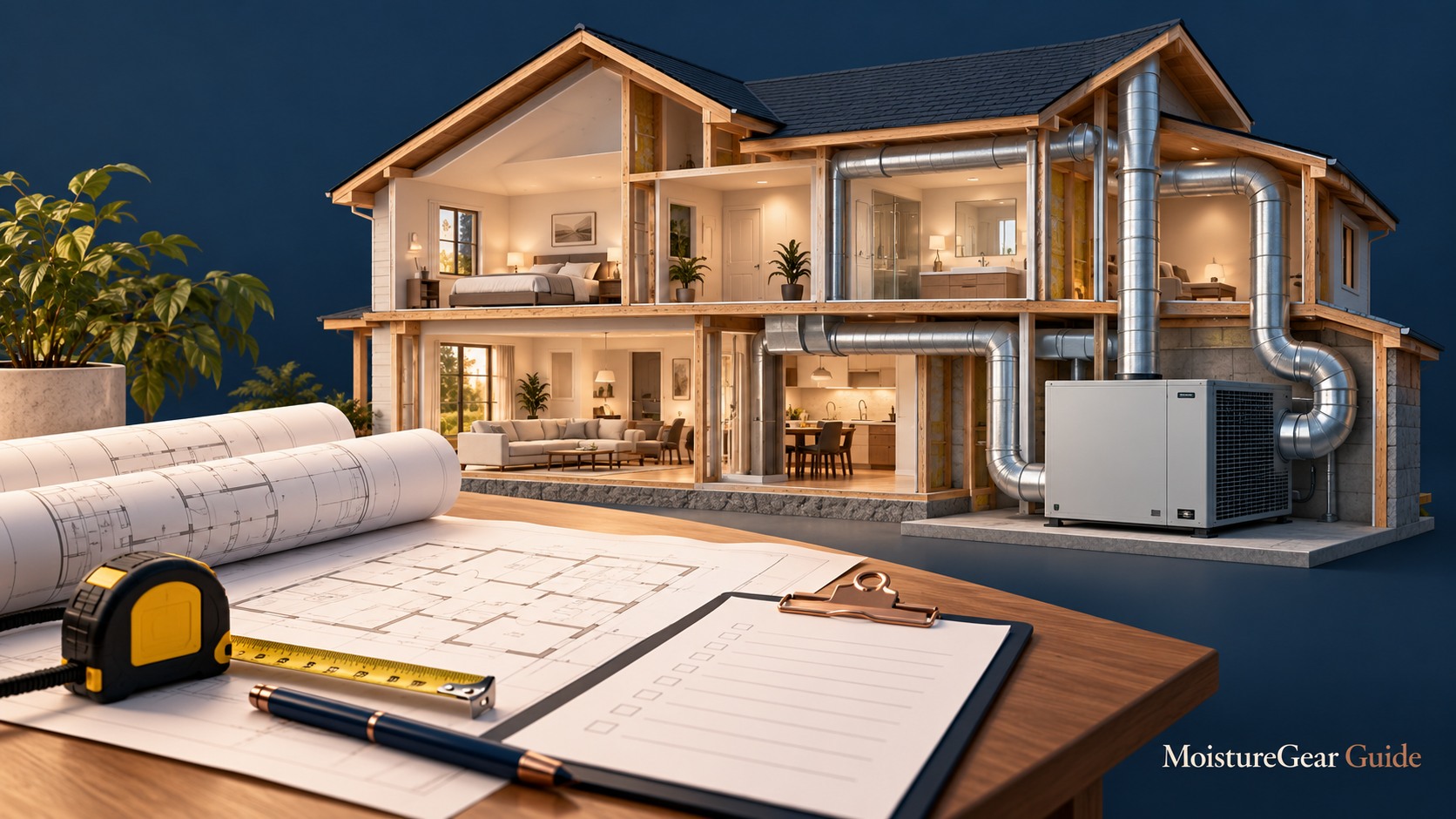 Whole-home equipment planning scene with architectural plans and a house cutaway.