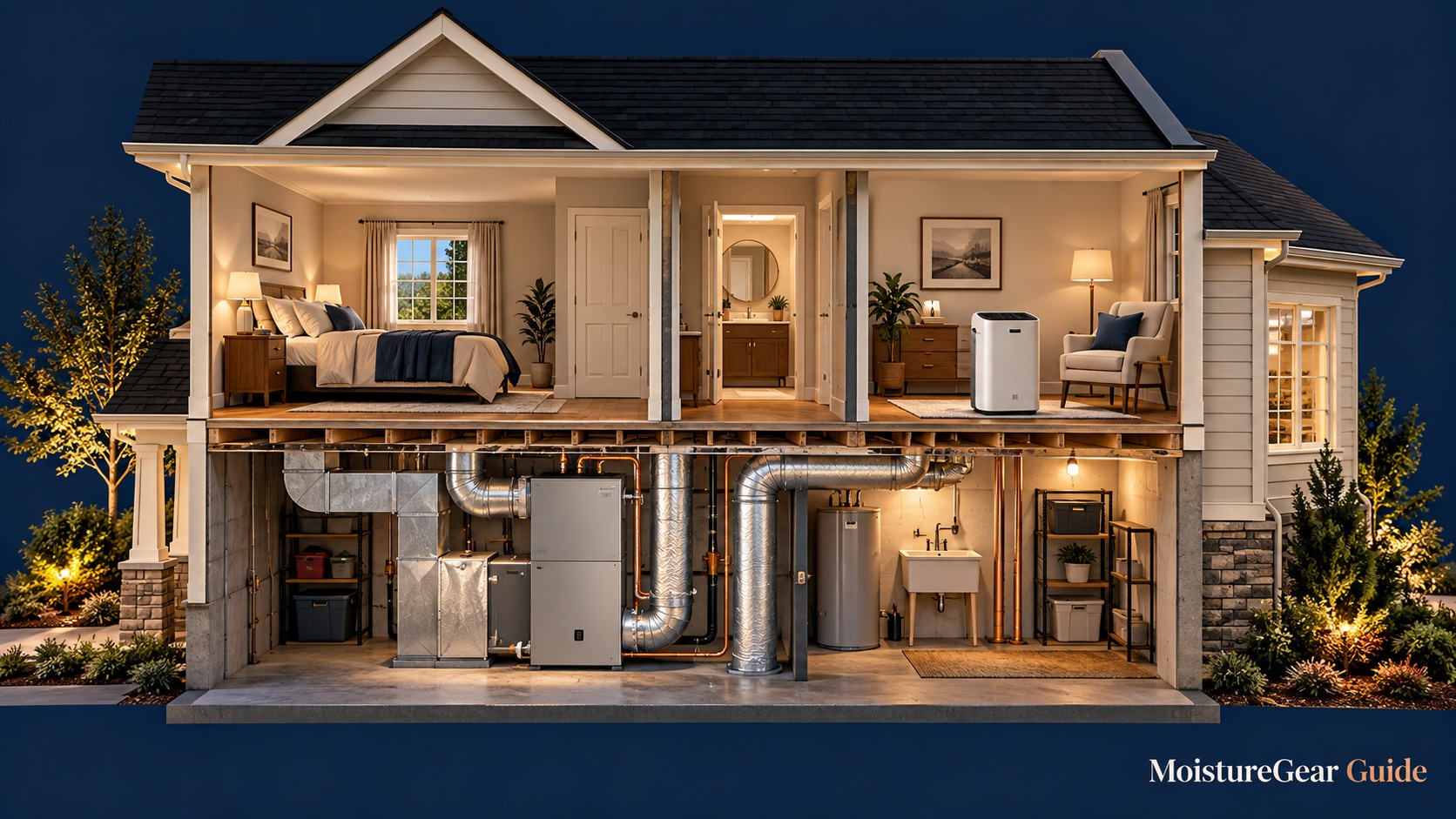 Home cutaway contrasting utility-room equipment with a portable upstairs dehumidifier.